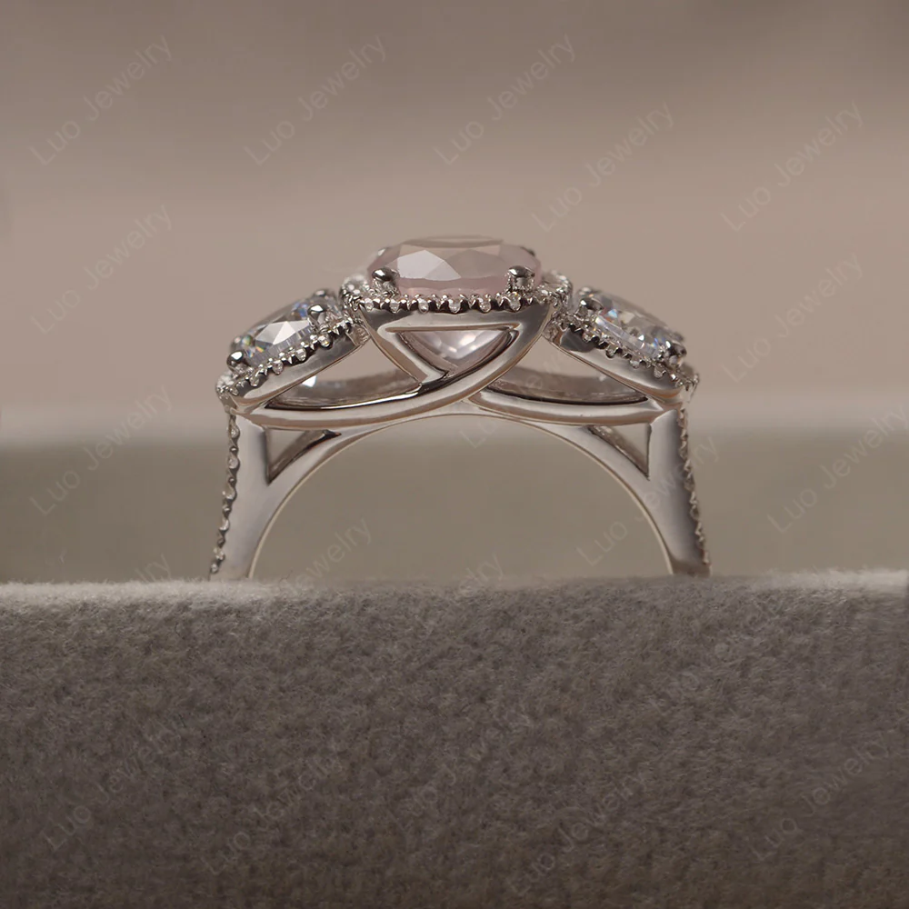Rose Quartz 3 Stone Halo Engagement Ring - Image 4