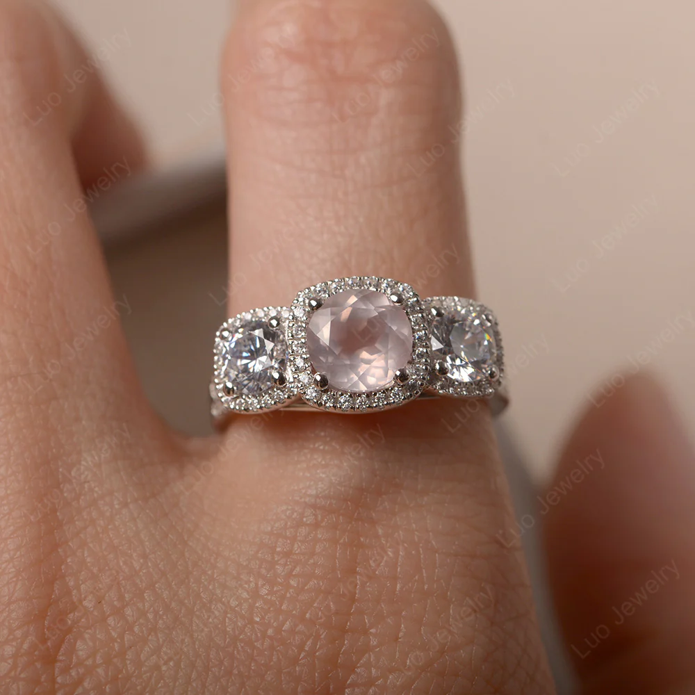 Rose Quartz 3 Stone Halo Engagement Ring - Image 5