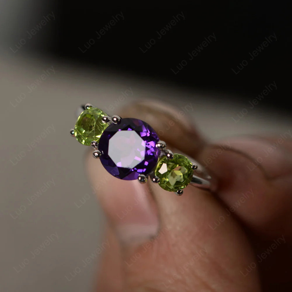 Amethyst and Peridot Three Stone Ring