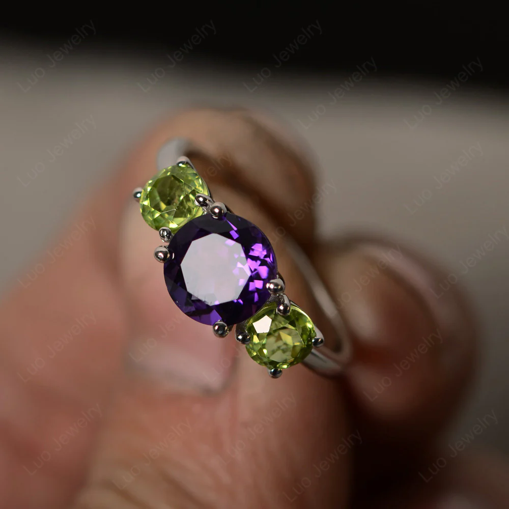 Amethyst and Peridot Three Stone Ring - Image 2