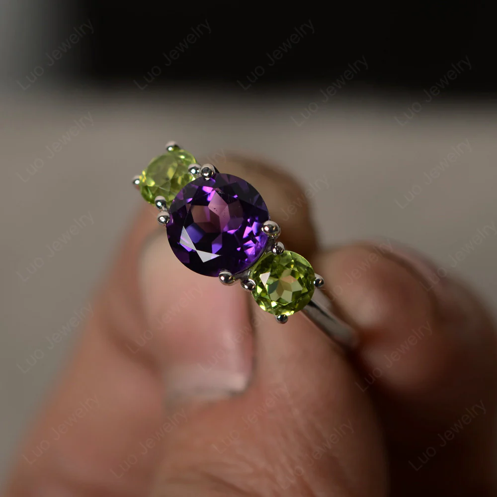 Amethyst and Peridot Three Stone Ring - Image 3