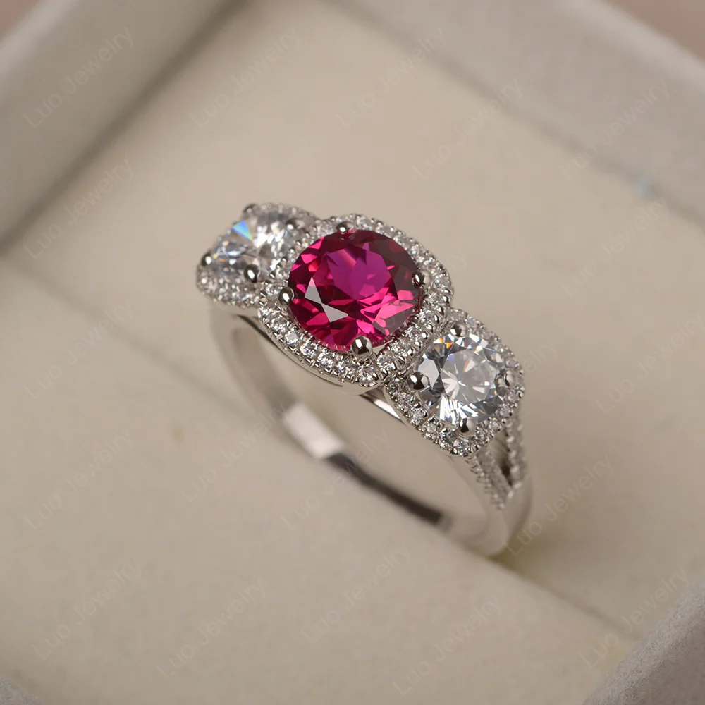 Ruby Three Stone Halo Engagement Ring - Image 2
