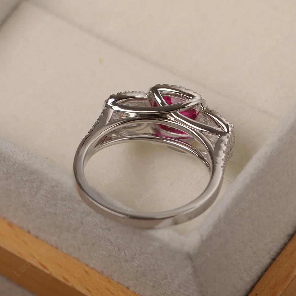 Ruby Three Stone Halo Engagement Ring - Image 3