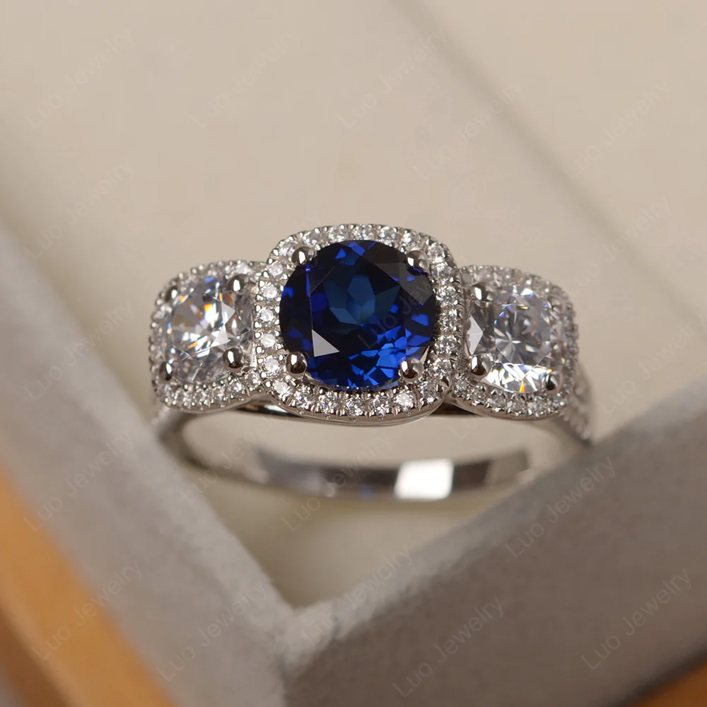 Sapphire 3 Stone Halo Ring
