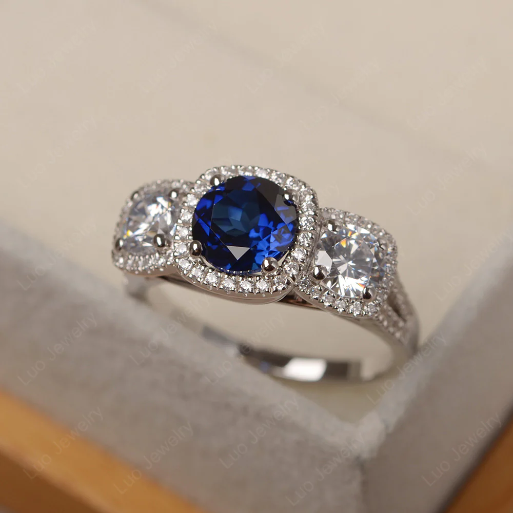Sapphire 3 Stone Halo Ring - Image 2