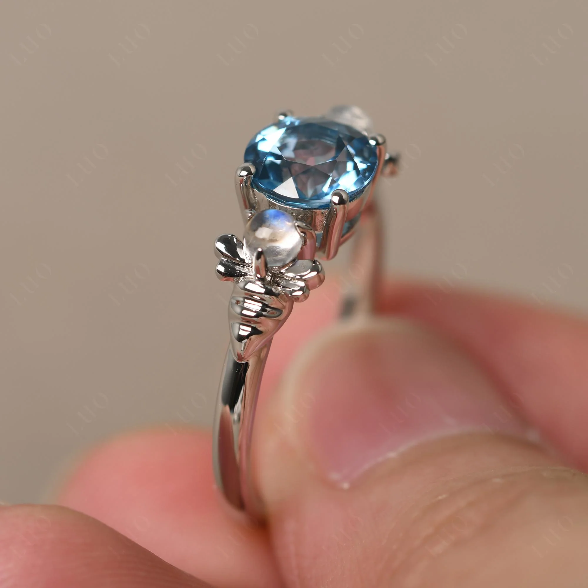 Swiss Blue Topaz and Moonstone Bee Ring - Image 11