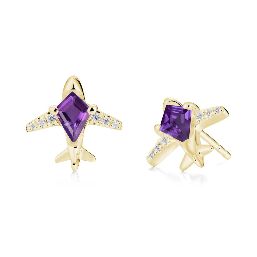 Airplane Inspired Kite Cut Amethyst Stud Earrings - Image 2