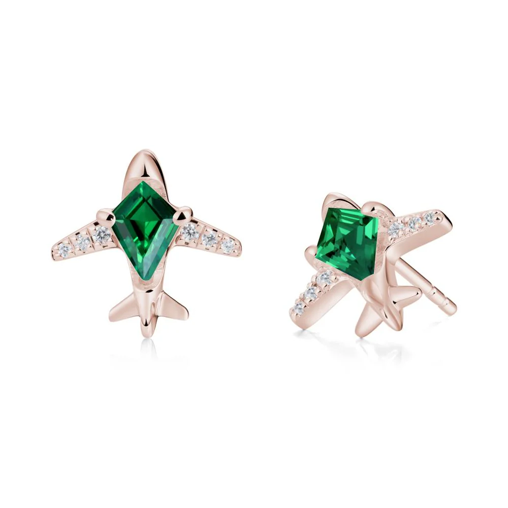 Airplane Inspired Kite Cut Emerald Stud Earrings