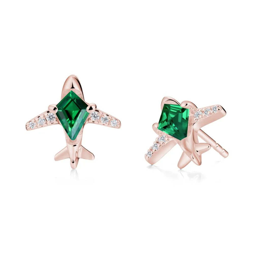 Airplane Inspired Kite Cut Emerald Stud Earrings - Image 9