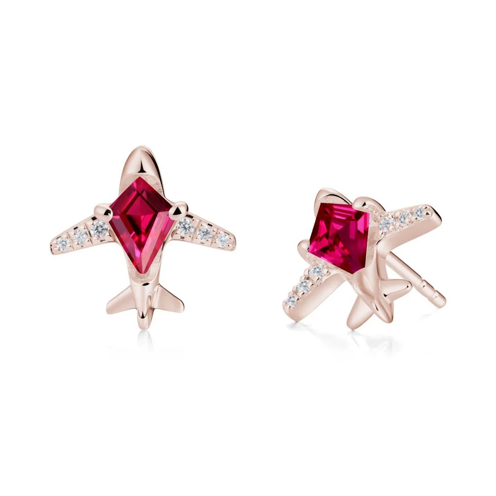 Airplane Inspired Kite Cut Ruby Stud Earrings - Image 2