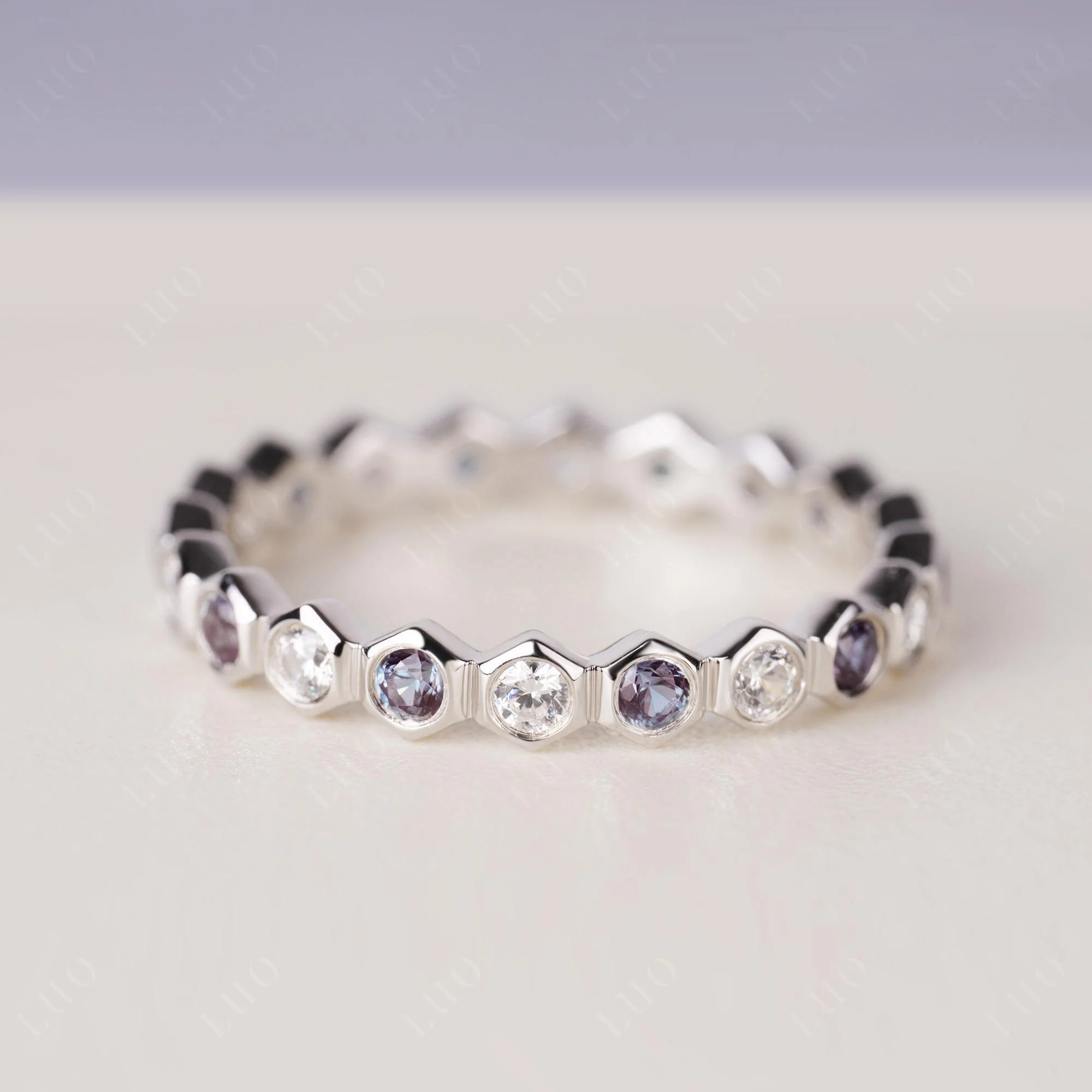 Alexandrite and Cubic Zirconia Hexagon Band Ring