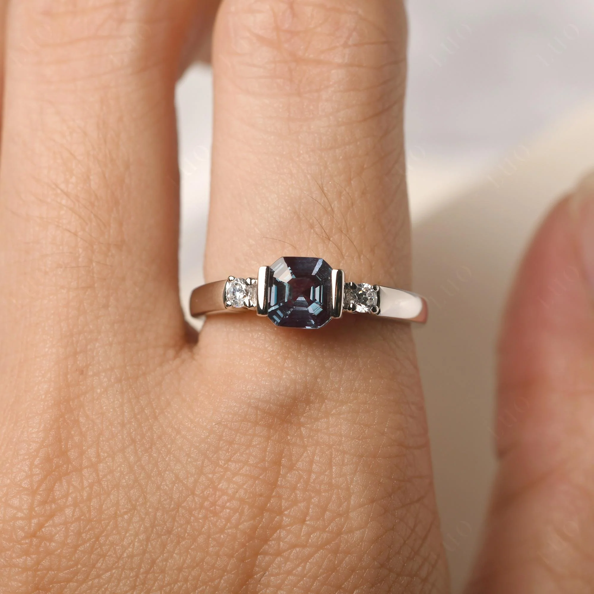 Alexandrite Half Bezel Set Asscher Cut Ring - Image 14