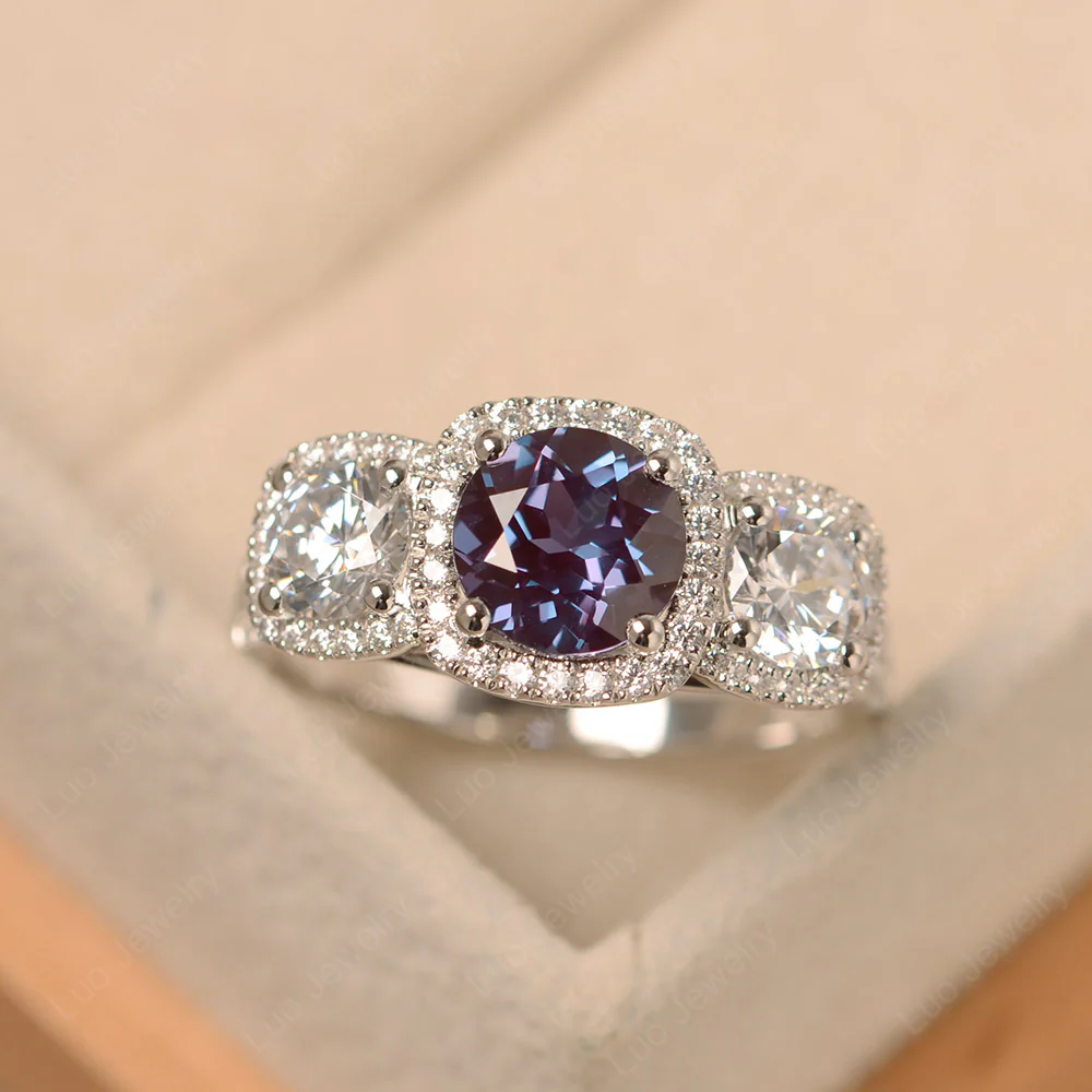 Alexandrite 3 Stone Halo Engagement Ring