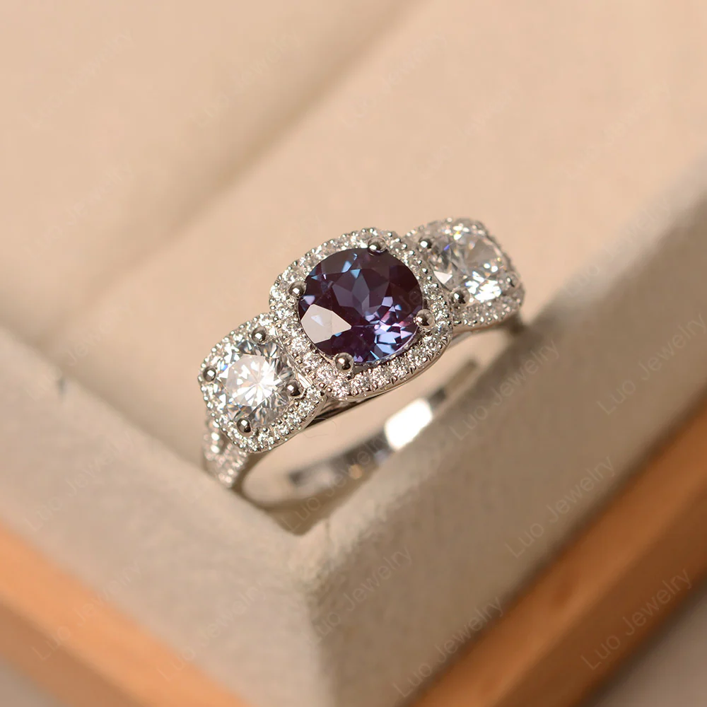 Alexandrite 3 Stone Halo Engagement Ring - Image 2