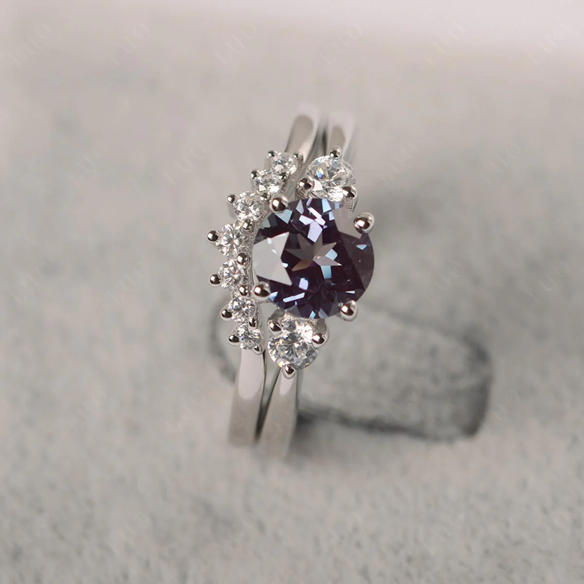 Round Alexandrite Wedding Ring Set - Image 11