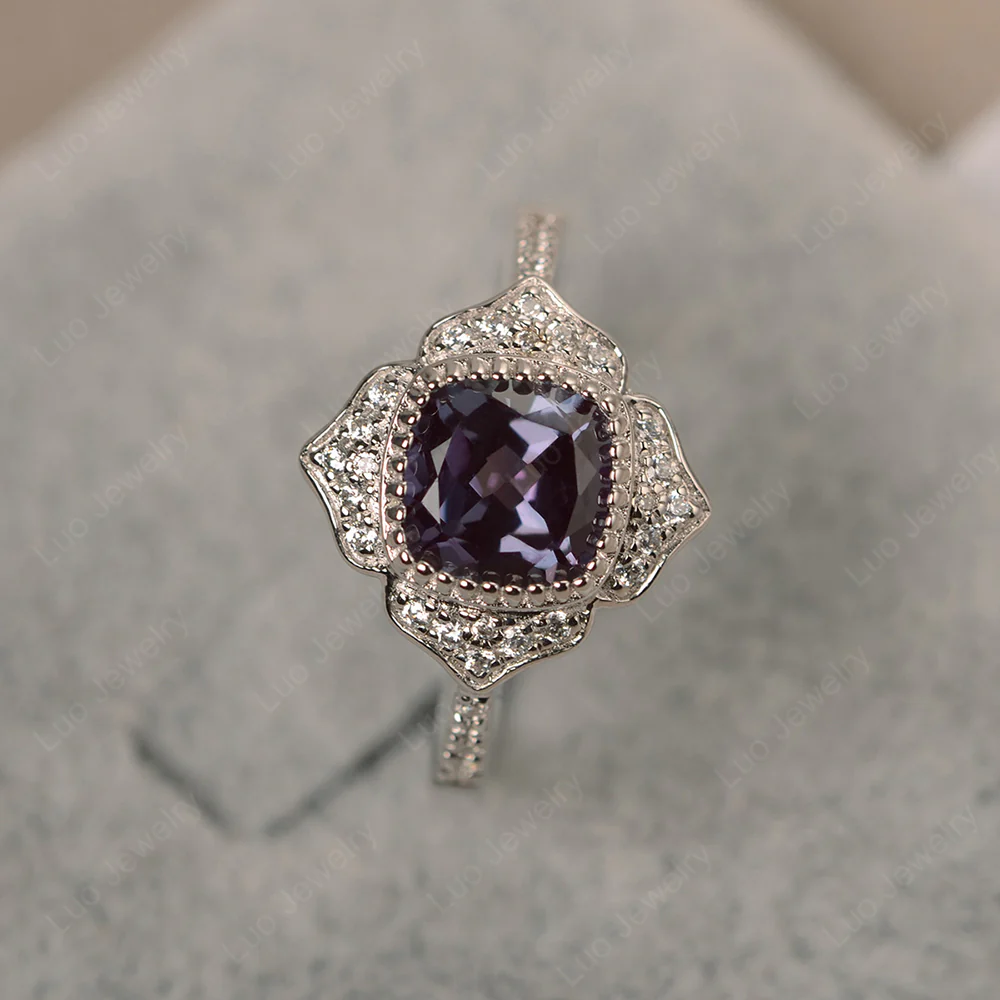 Cushion Alexandrite Bezel Set Halo Floral Ring