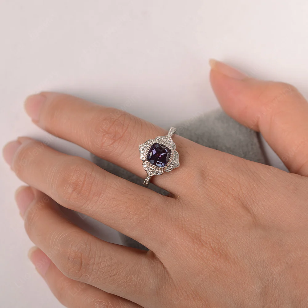 Cushion Alexandrite Bezel Set Halo Floral Ring - Image 3