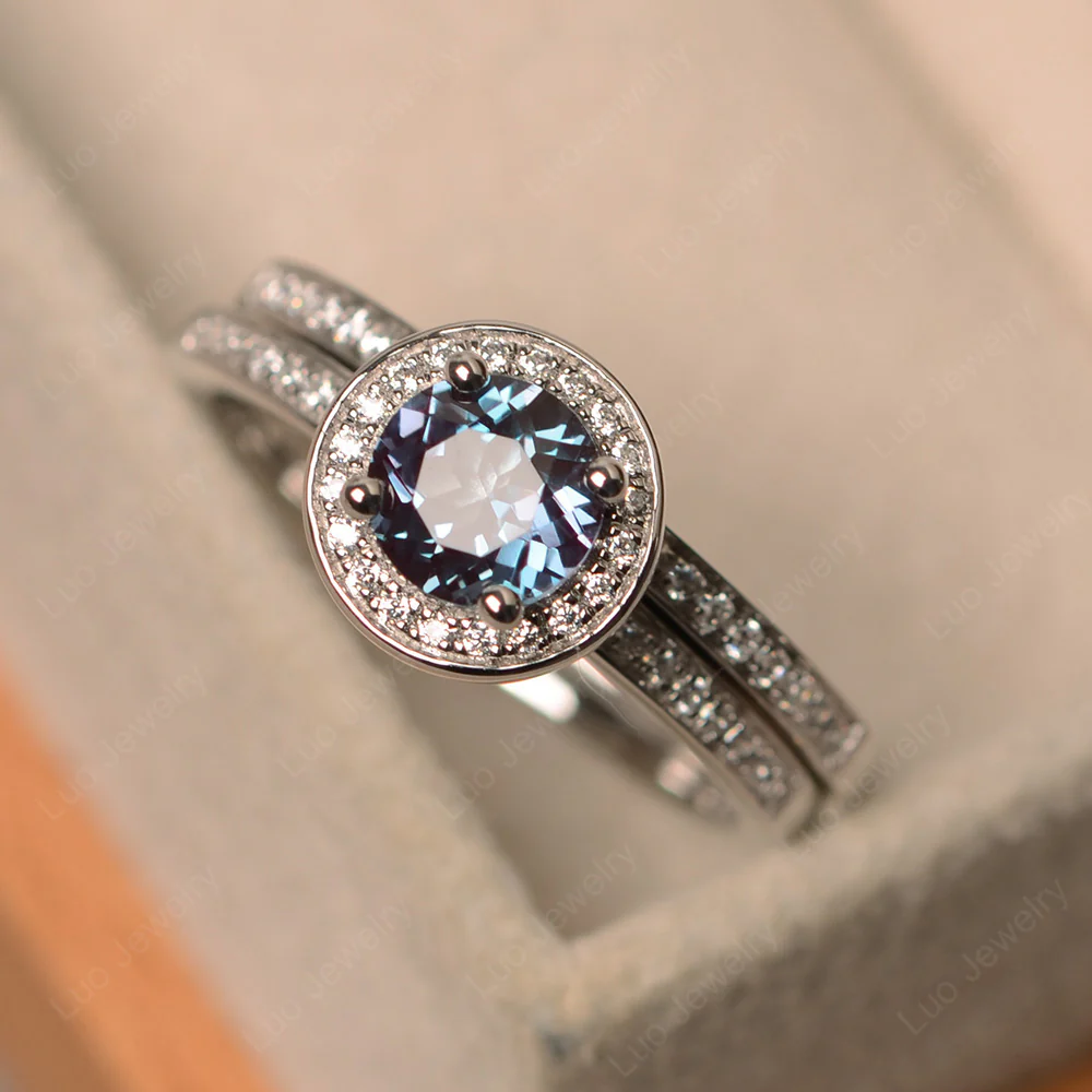 Round Cut Alexandrite Halo Bridal Set Ring