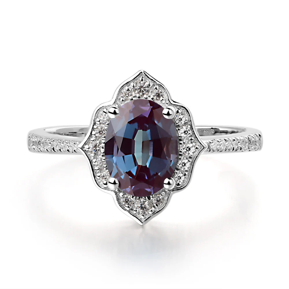 Oval Alexandrite Floral Halo Engagement Ring