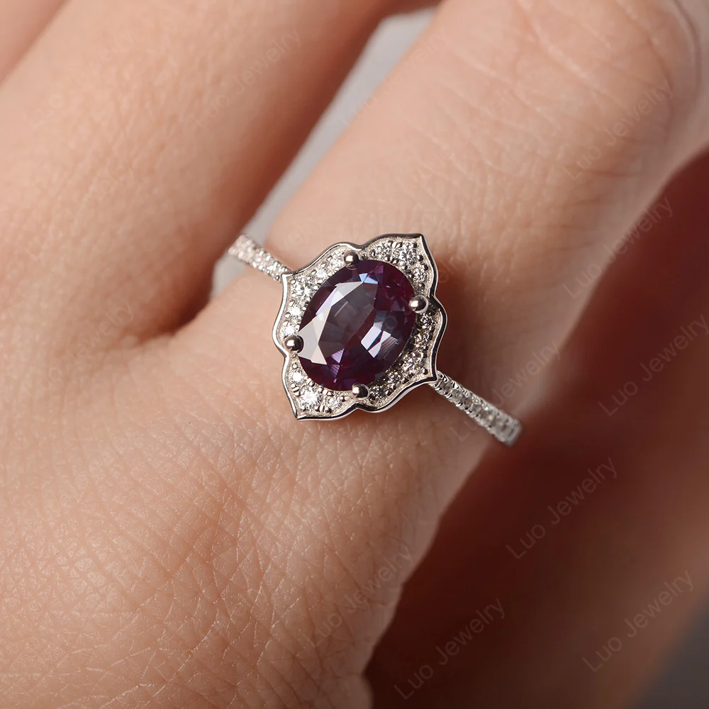 Oval Alexandrite Floral Halo Engagement Ring - Image 6