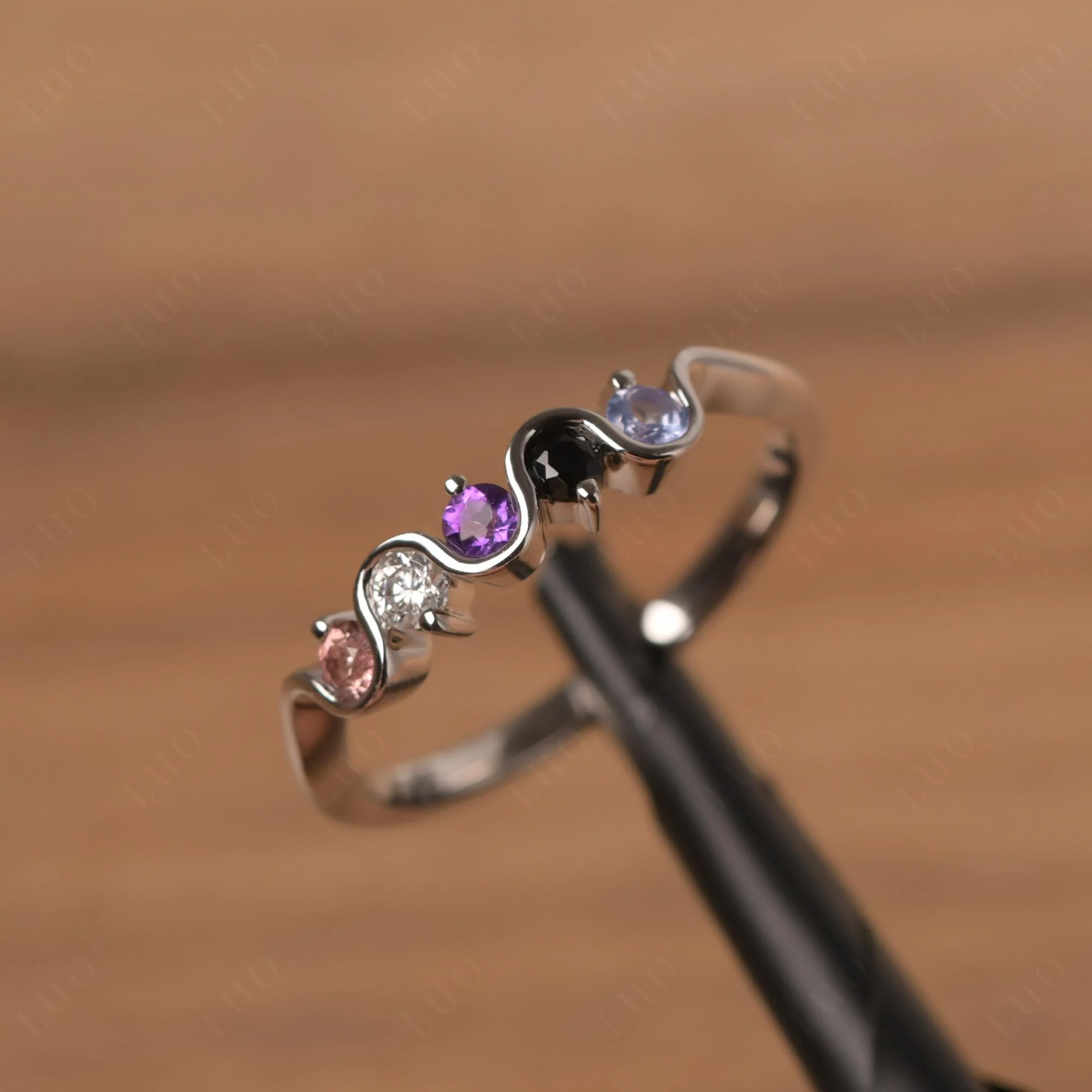 Amethyst and Black Spinel and Moissanite and Tanzanite and Tourmaline Band Ring - Image 10