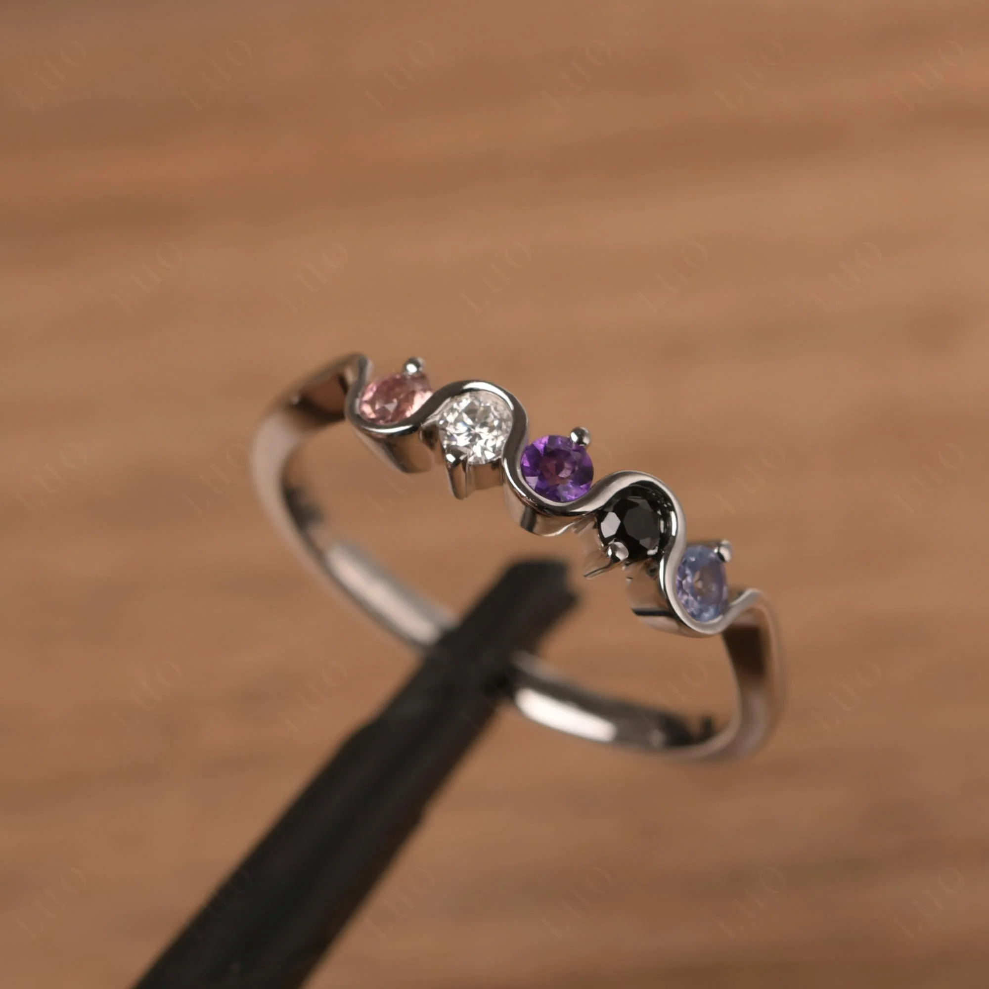 Amethyst and Black Spinel and Moissanite and Tanzanite and Tourmaline Band Ring - Image 11