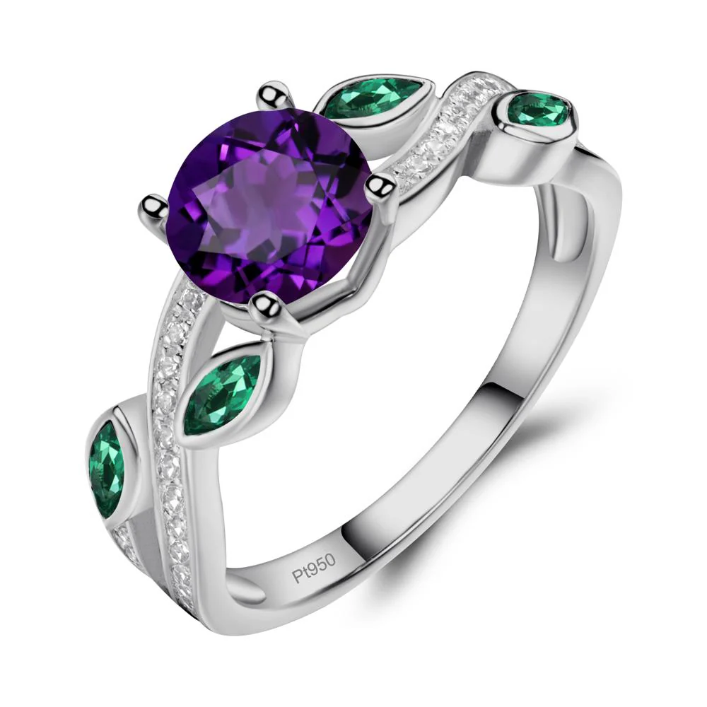 Amethyst and Emerald Twisted Leaf Engagement Ring - Image 5
