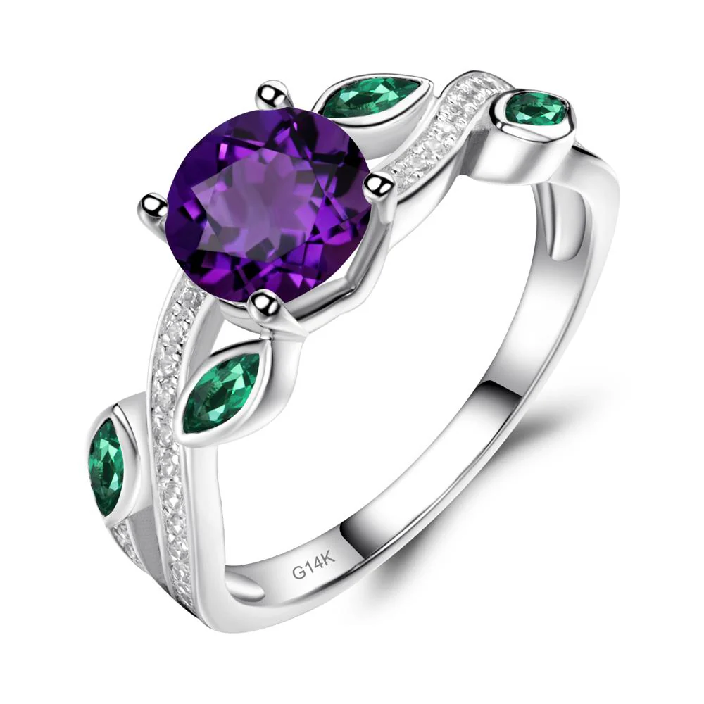 Amethyst and Emerald Twisted Leaf Engagement Ring - Image 7