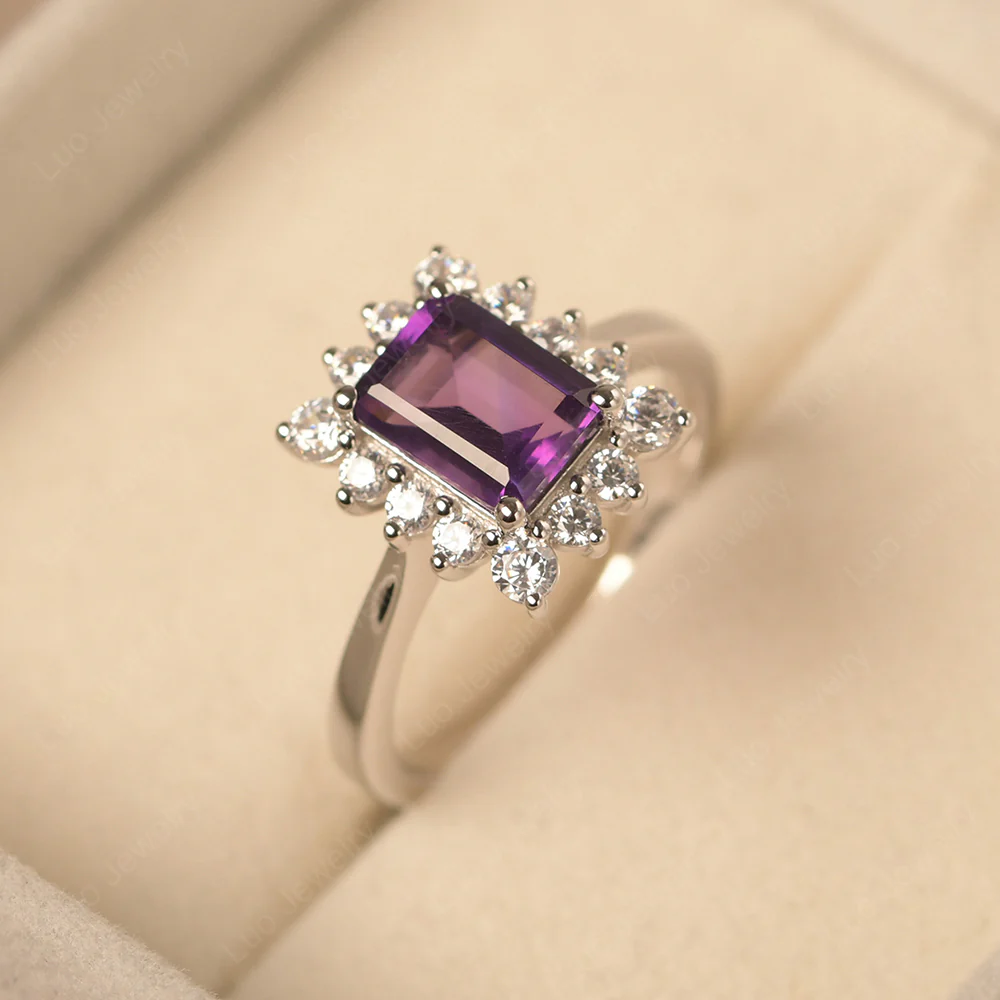 Amethyst Emerald Cut Halo Engagement Ring