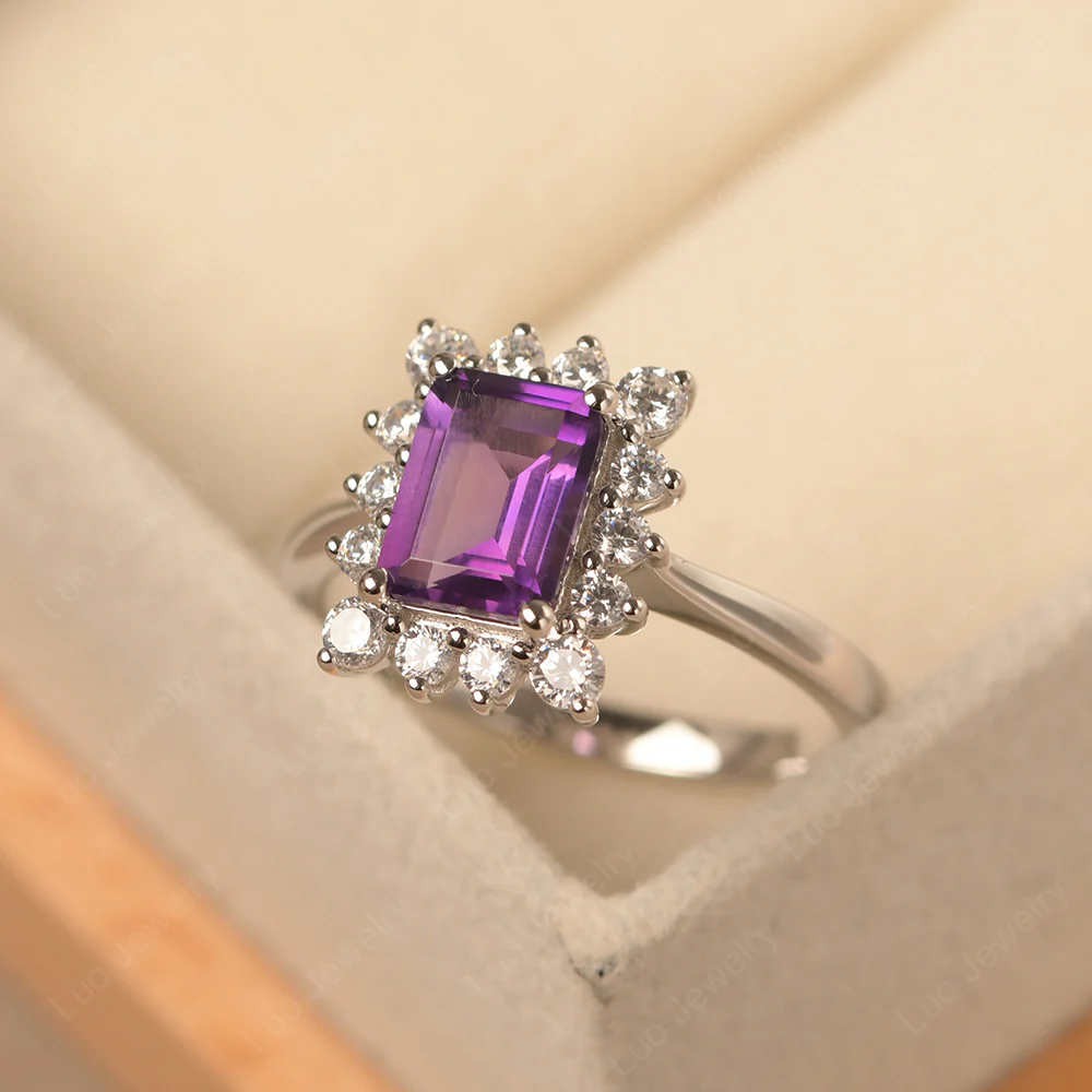 Amethyst Emerald Cut Halo Engagement Ring - Image 2
