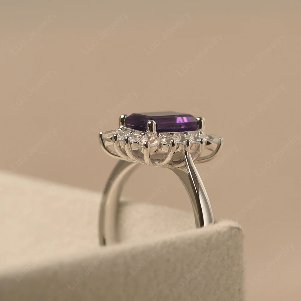 Amethyst Emerald Cut Halo Engagement Ring - Image 4
