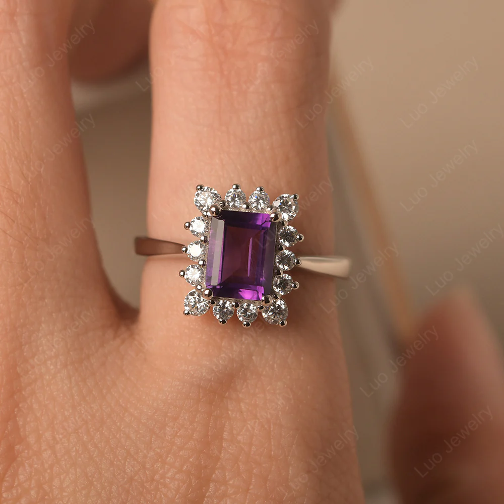 Amethyst Emerald Cut Halo Engagement Ring - Image 5