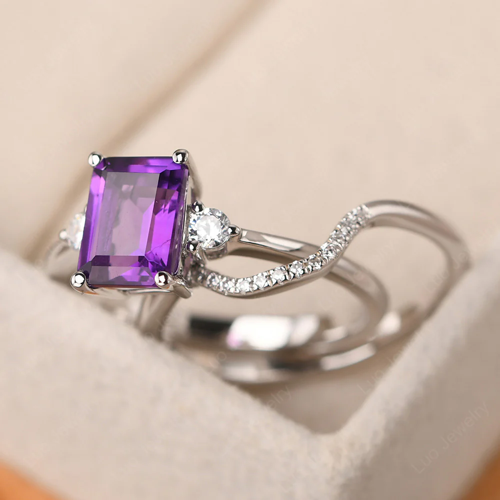Amethyst Emerald Cut Ring with Band - Image 4