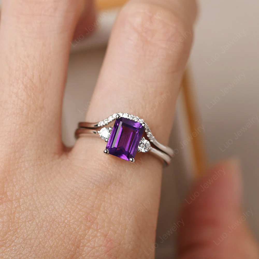 Amethyst Emerald Cut Ring with Band - Image 7