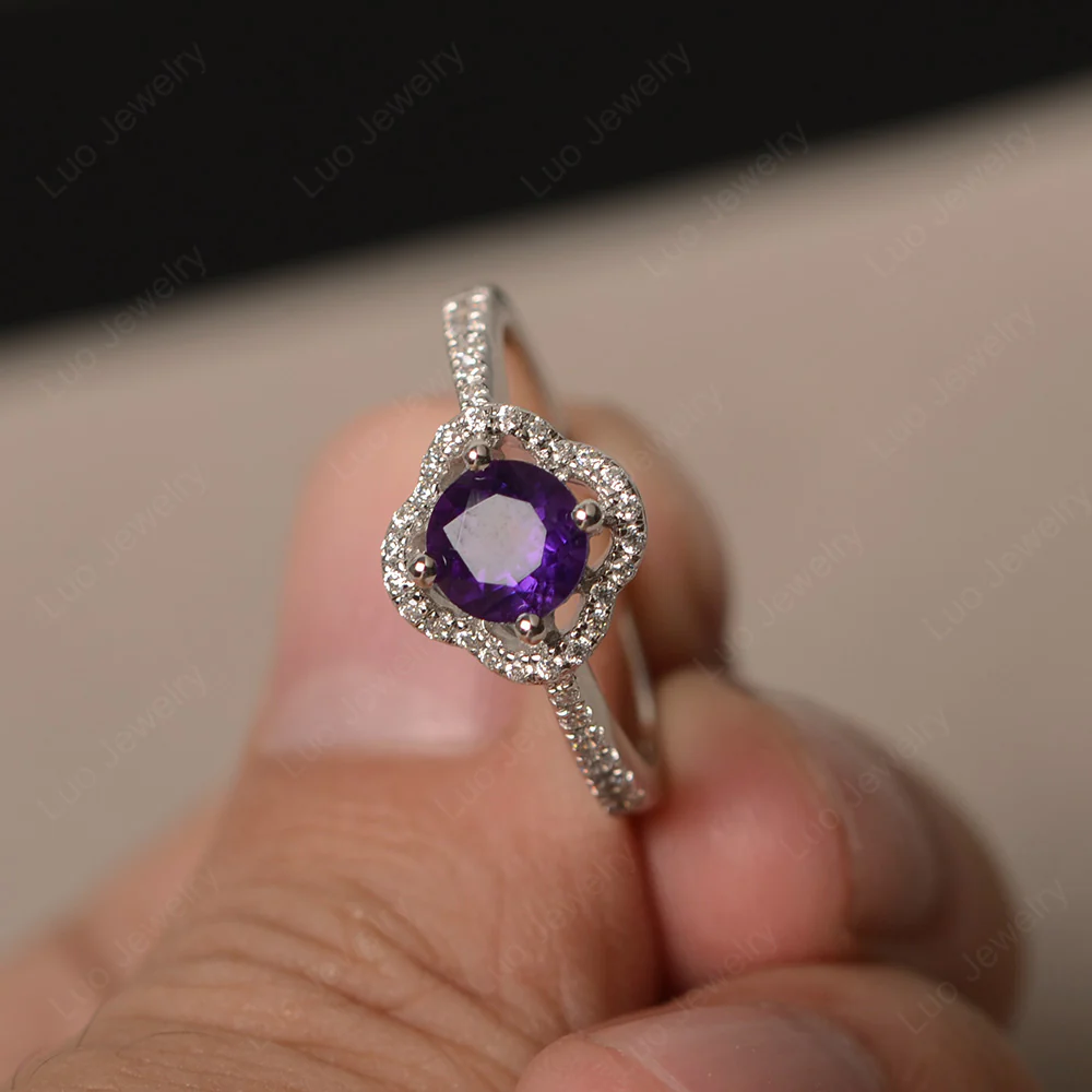 Amethyst Halo Flower Engagement Ring