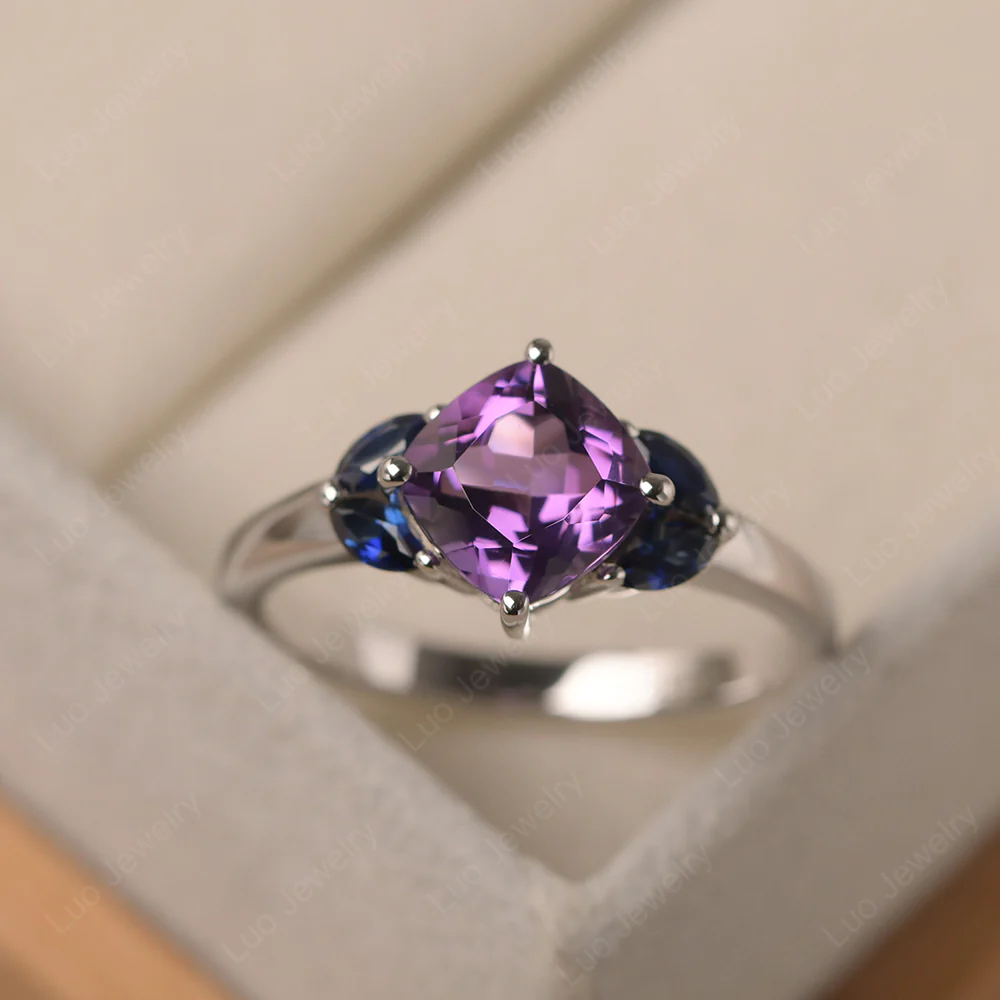 Amethyst Kite Set Cushion Engagement Ring