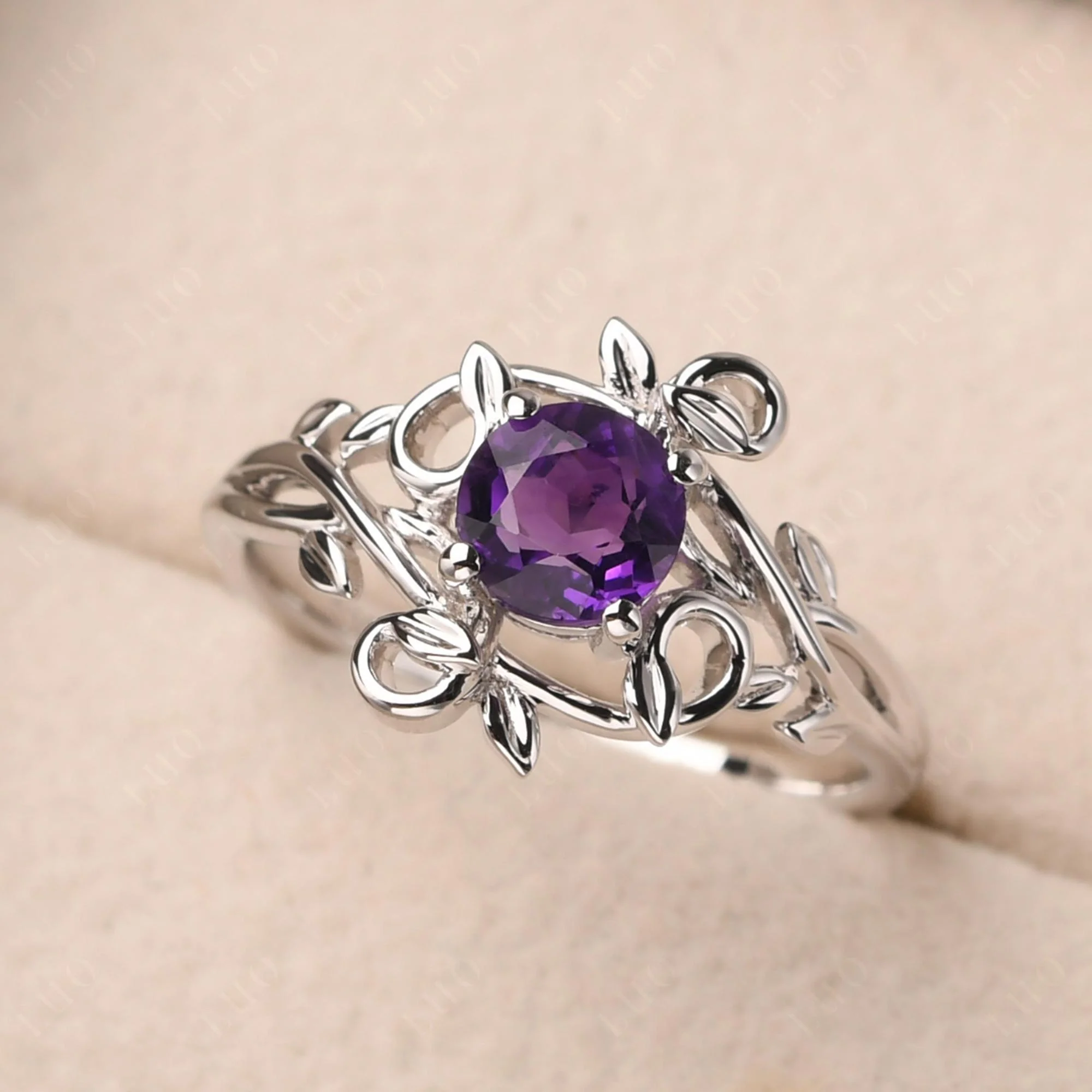Amethyst Leaf and Vine Engagement Ring - Image 10