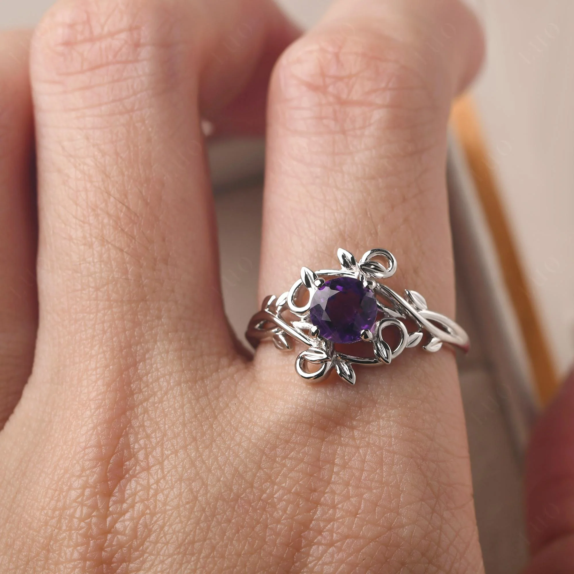 Amethyst Leaf and Vine Engagement Ring - Image 14