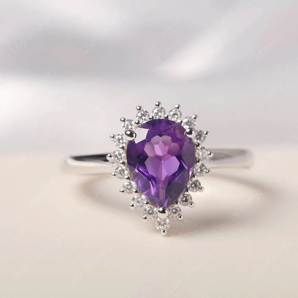 Amethyst Pear Sunburst Ring