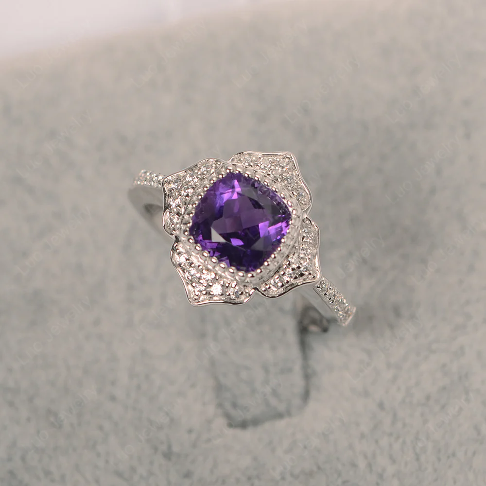 Amethyst Lotus Halo Engagement Ring