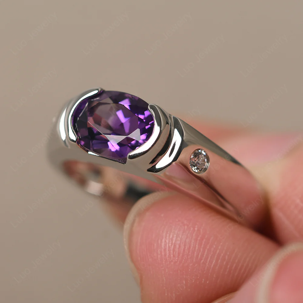 Oval Amethyst Horizontal Unisex Ring - Image 2
