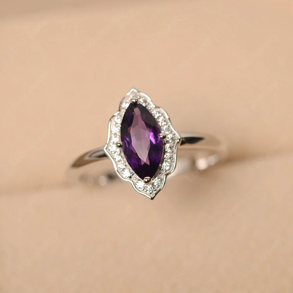 Marquise Cut Amethyst Halo Engagement Ring - Image 2
