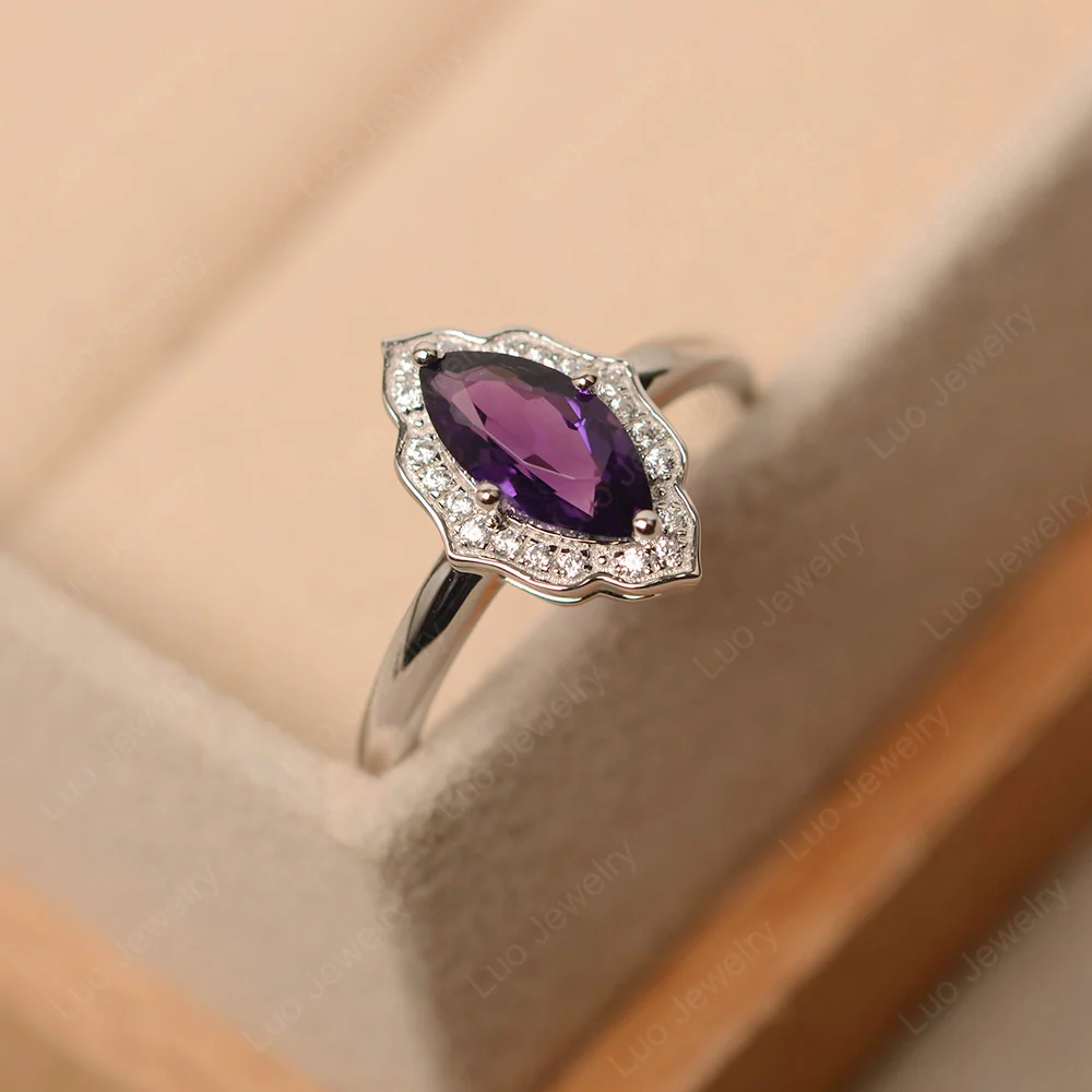 Marquise Cut Amethyst Halo Engagement Ring - Image 3