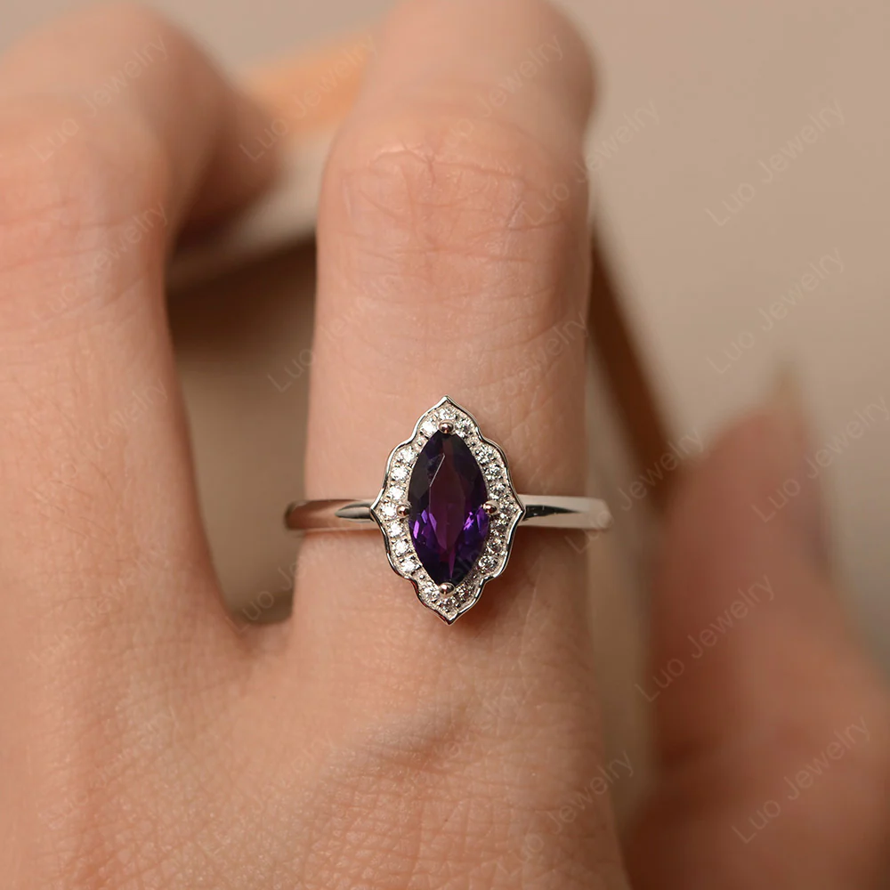 Marquise Cut Amethyst Halo Engagement Ring - Image 6