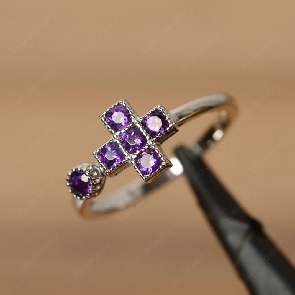Amethyst 6 Stones Cross Mothers Ring