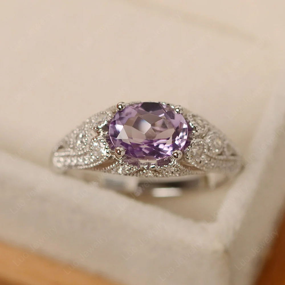 Vintage Horizontal Oval Cut Amethyst Ring - Image 2