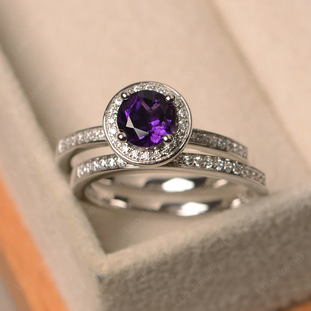 Round Cut Amethyst Halo Bridal Set Ring