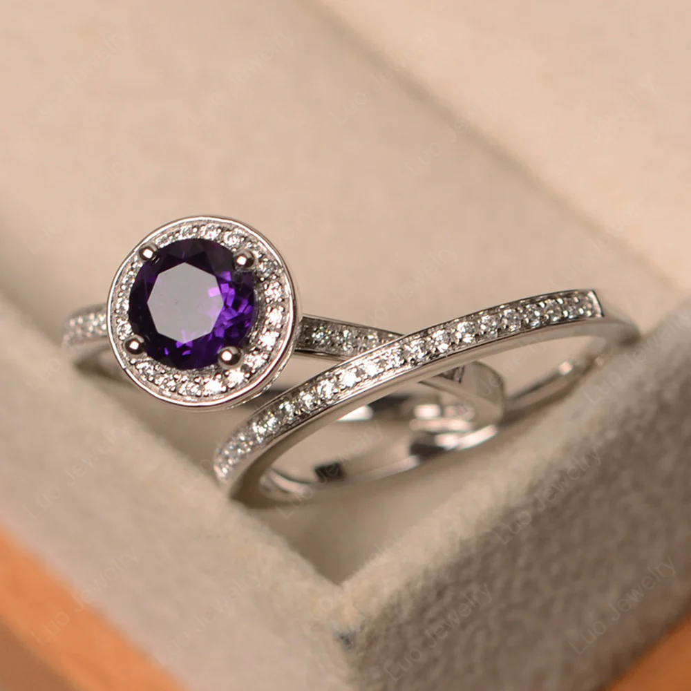 Round Cut Amethyst Halo Bridal Set Ring - Image 2