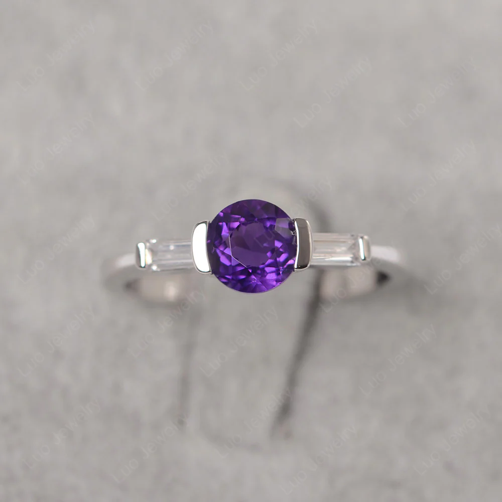 Amethyst Ring Round Cut with Baguette Side