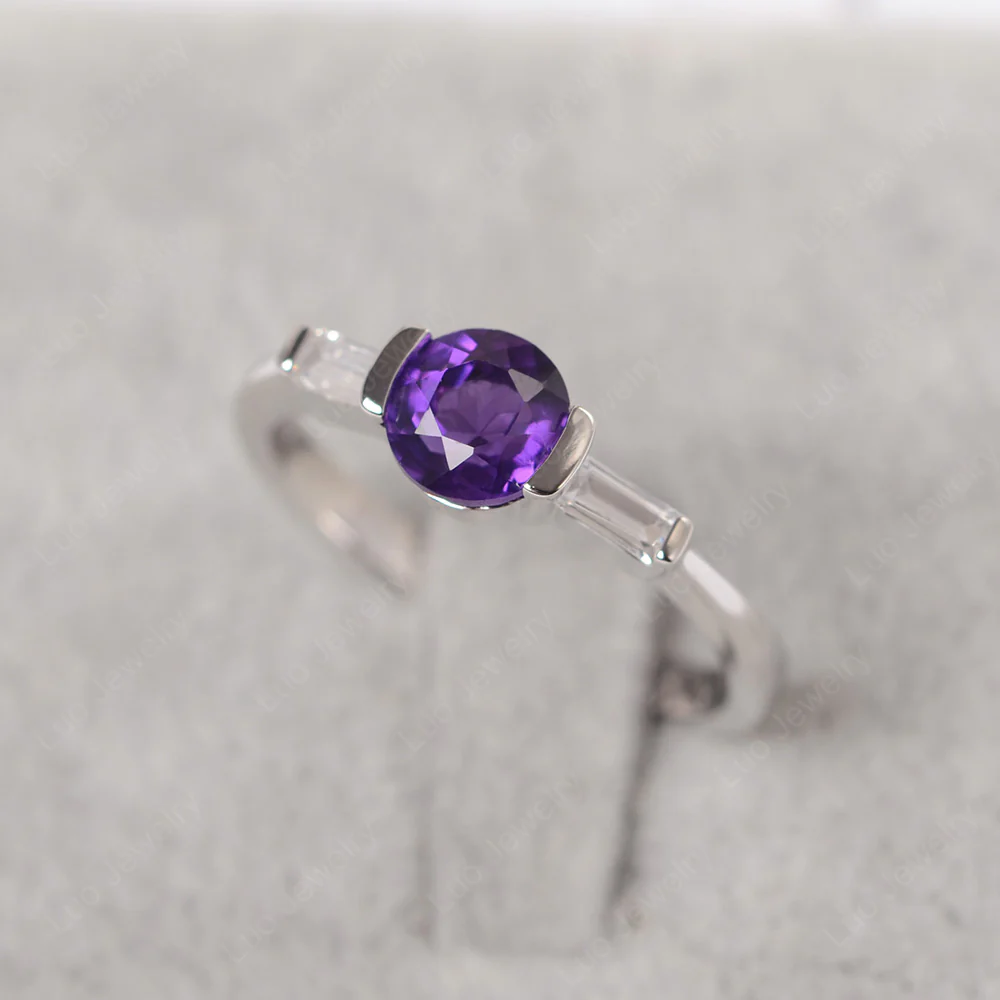 Amethyst Ring Round Cut with Baguette Side - Image 2